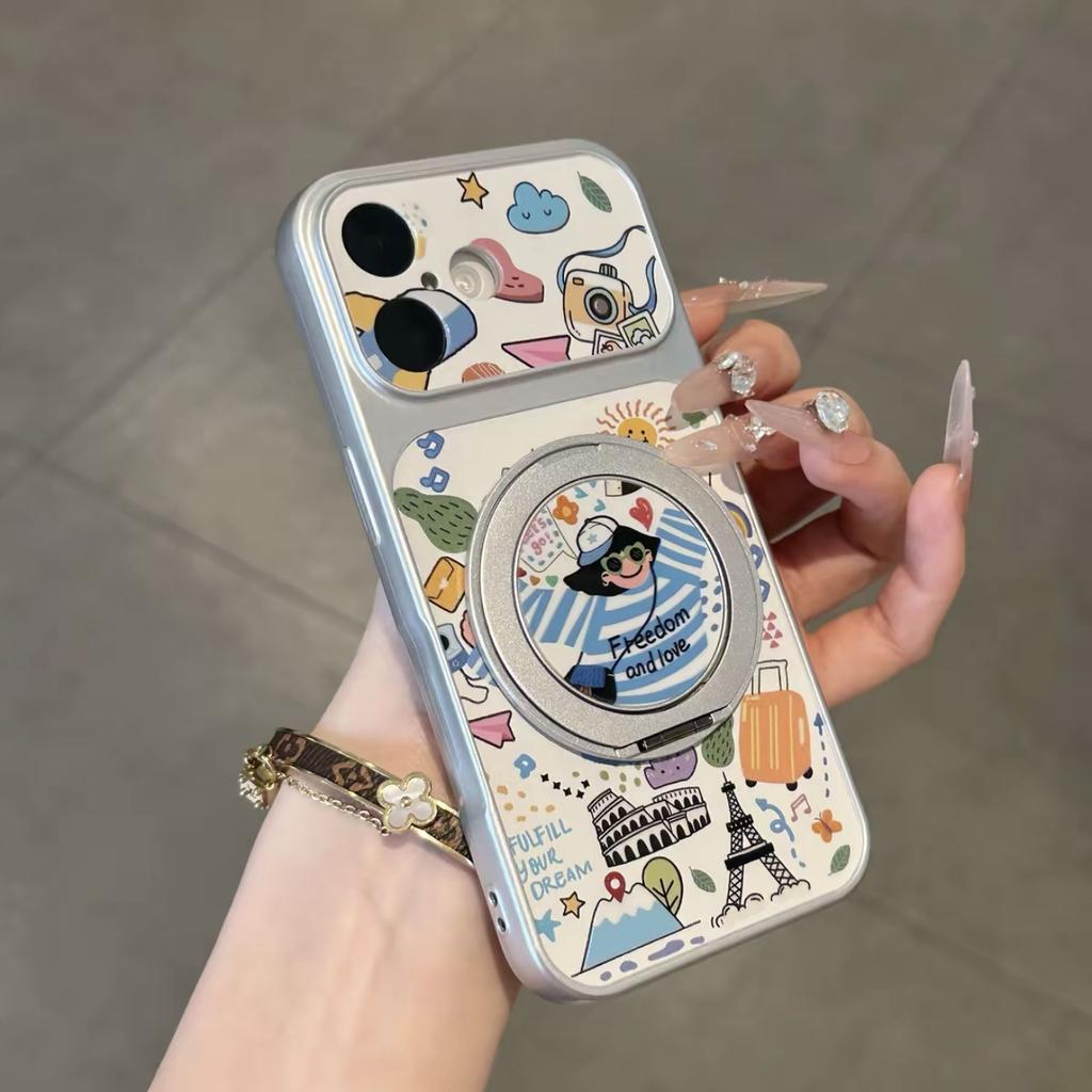 Happy girl rotating bracket is suitable for Apple iPhone16/17Pro mobile phone case 15 electroplated large window 14 sets