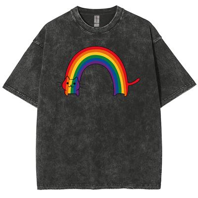 Cartoon Lustiger Stil Regenbogen Katze Print Damen T-Shirt Mode Einfach Und Süß Kurzarm Waschen Locker Retro Rundhals