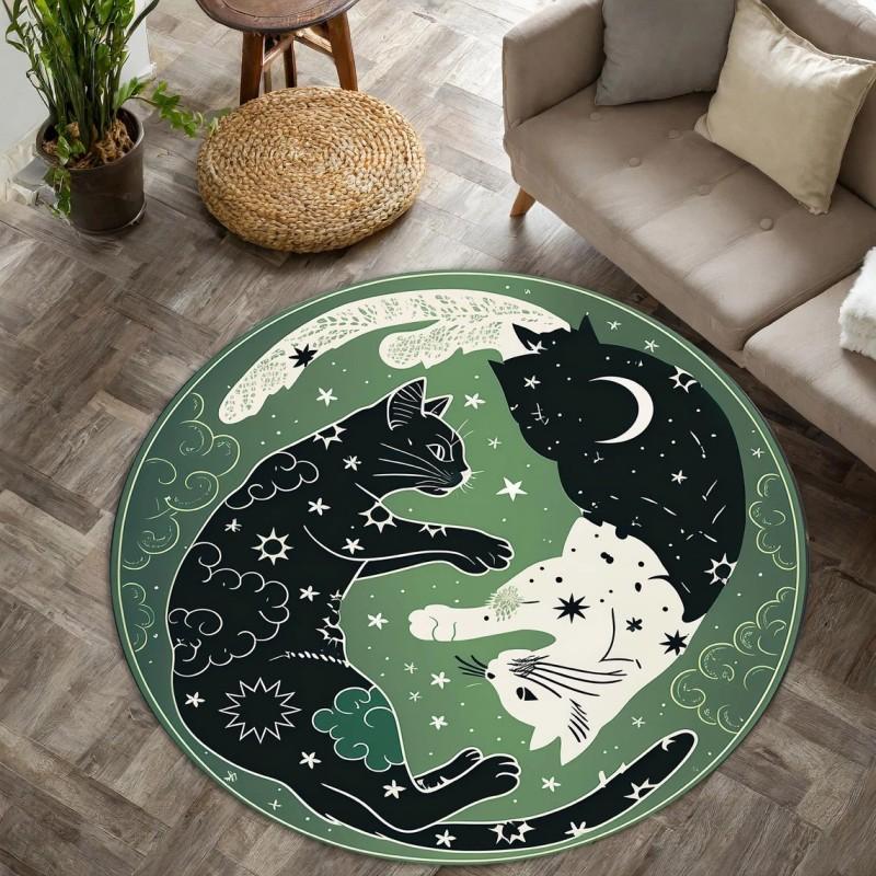 Yin Yang CAT Printed Round Carpets for Home Living Room Rug Bedroom Decor Rug Non Slip Washable Flannel Floor Mat
