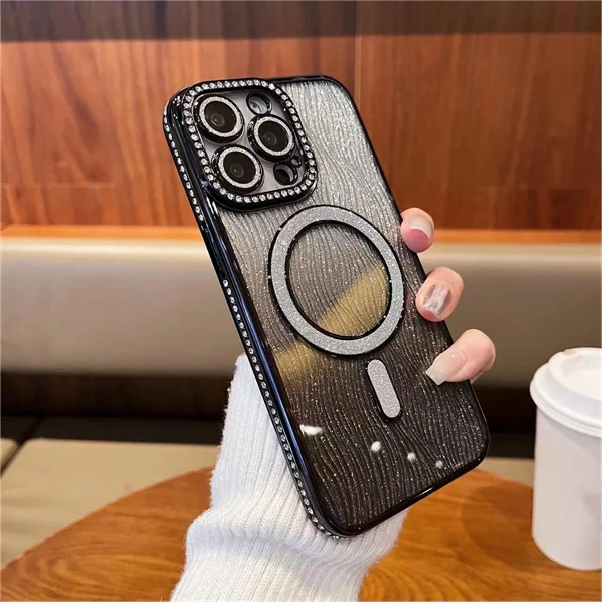 

Роскошный чехол для телефона Magsafe с глянцевым покрытием Flash Rhinestone Glitter для iPhone 11 12 13 14 15 16 Pro Max, бампер для 16 15 14 Plus iPhone 11 чёрный