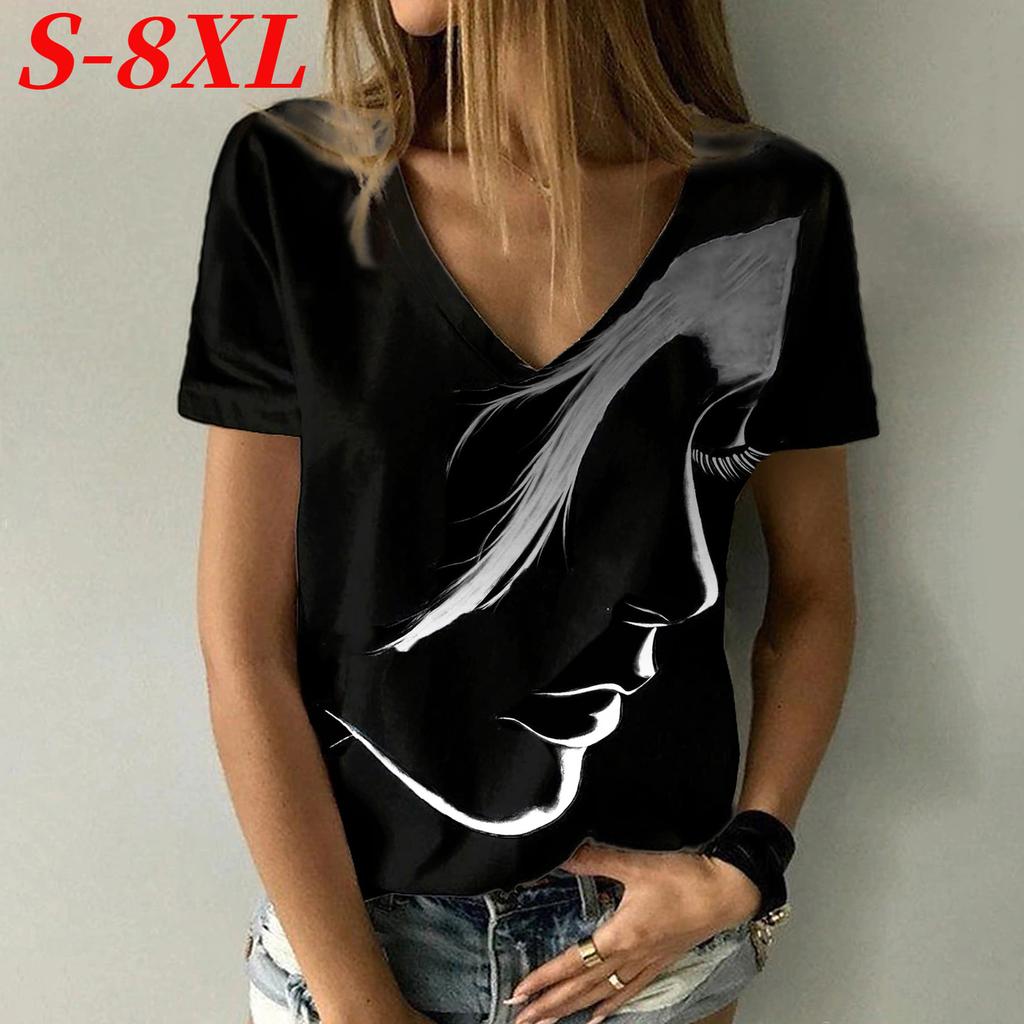 S-8XL Plus Size T-shirt Abstract 3D Print T-Shirts Women's Fashion Short Sleeve V-Neck T-Shirt Female Streetwear Woman Tees Tops