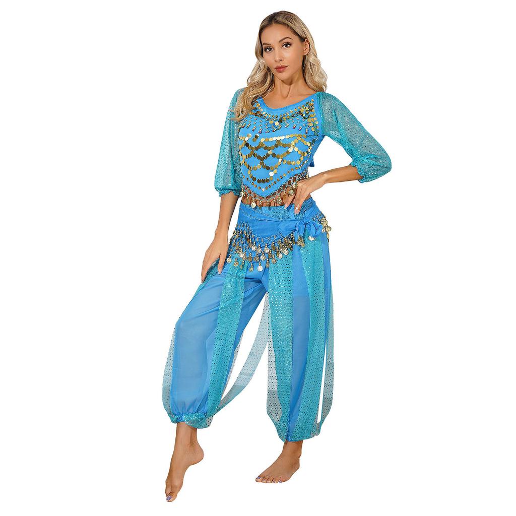 Women's Stage Performance Costume: Complete Belly Dance Set (Crop Top, Bloomers, Hip Scarf) with Bells, Halloween & Carnival