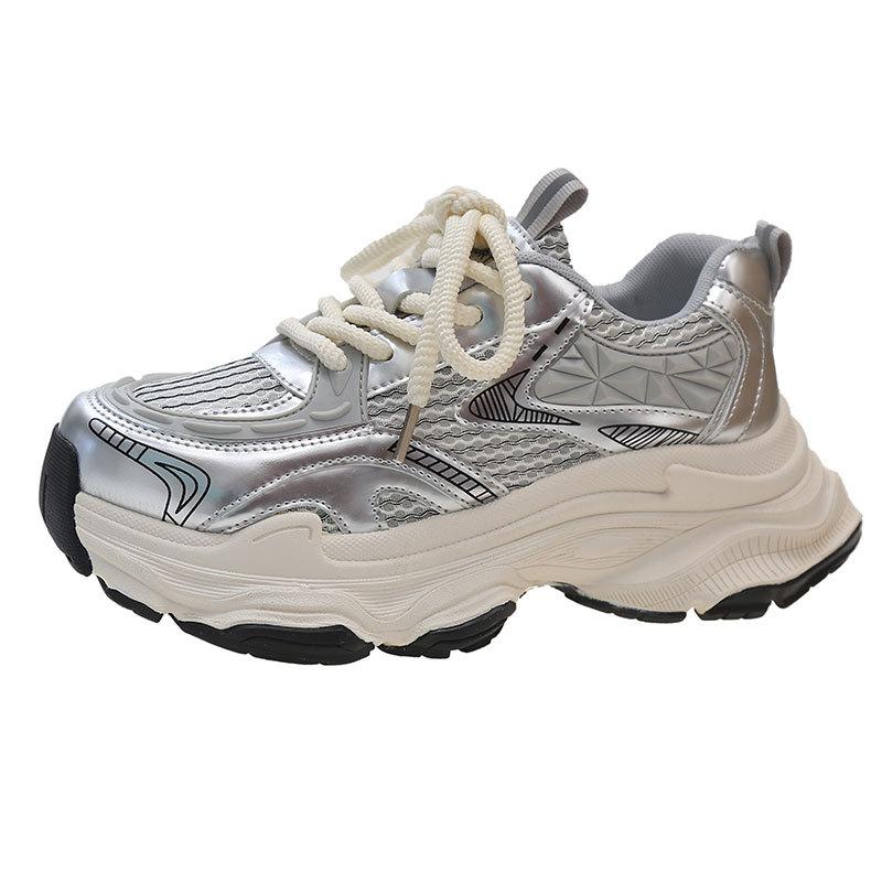 Fried Street Platform Dad Shoes Women's Height Increase Versatile Casual Shoes New Spring and Autumn Breathable Silver Sneakers