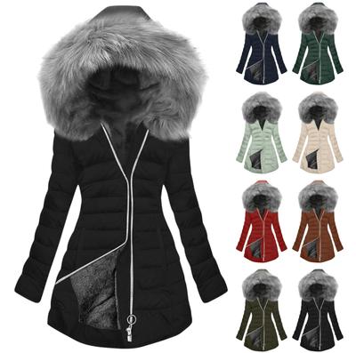 Women's Fashion Winter Solid Color Long Sleeved Hooded Long Zipper Cotton Jacket Warm Coat Down Jacket