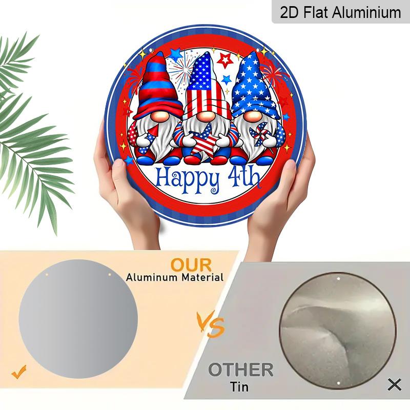 2D Flat, 1pc Round Aluminum "Happy 4th" Patriotic Gnome Sign, 4th of July American Flag Gnomes Metal Plaque, Cute Firework Design, Perfect for
