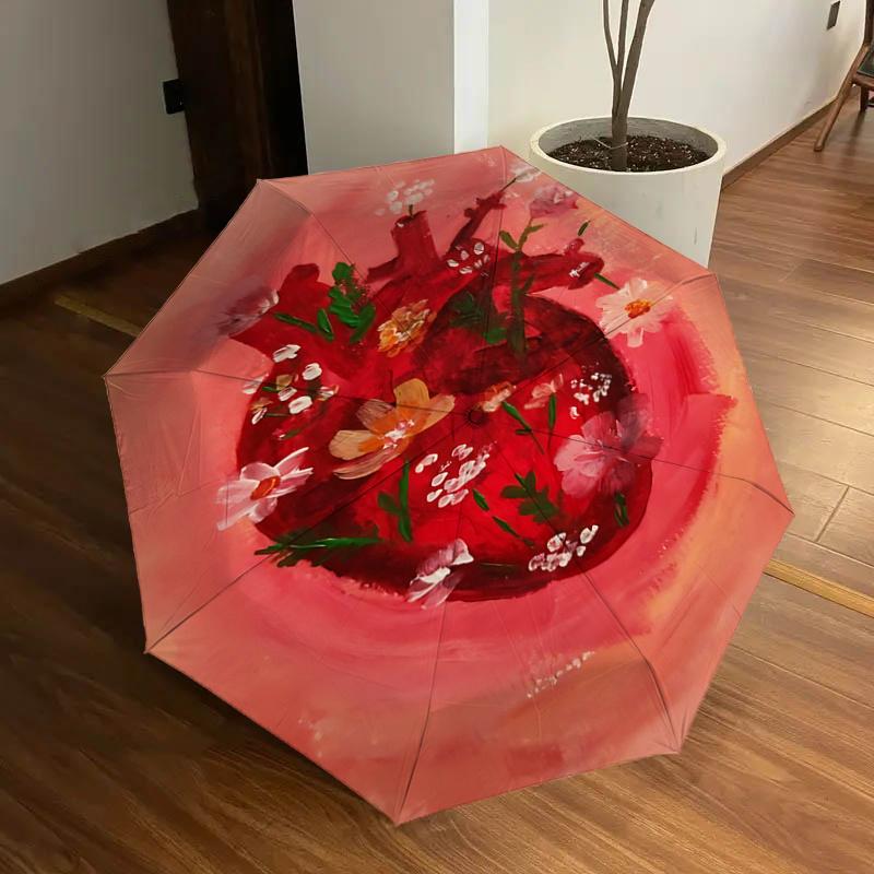 

Floral Heart Design Automatic Opening Folding Umbrella Portable 3 Fold Design with Iron Frame for Outdoor Use,Perfect Gift for Fans,Trav