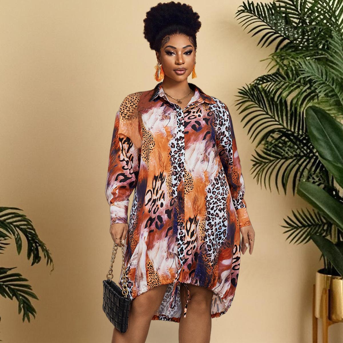 Cross-border polo collar long dress Amazon leopard print ebay print shirt collar long sleeve plus size women s fashion dress XL
