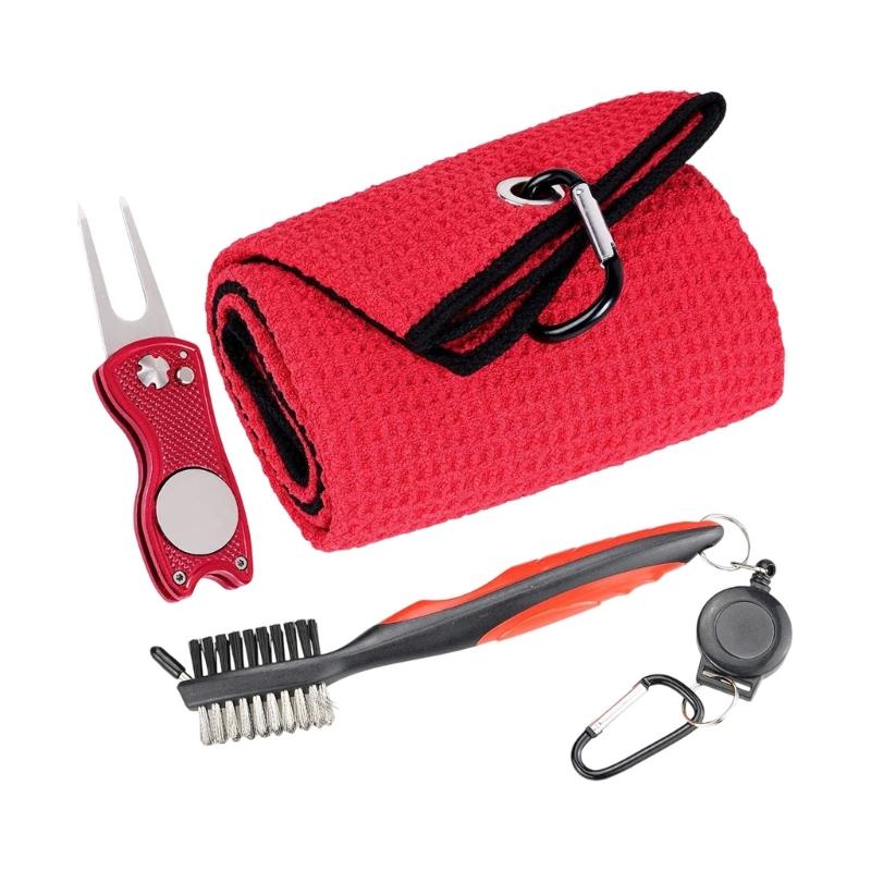 

Premium Microfiber Golf Towel Brush Greens Fork Set For Complete Club Cleaning And Green Repair красный