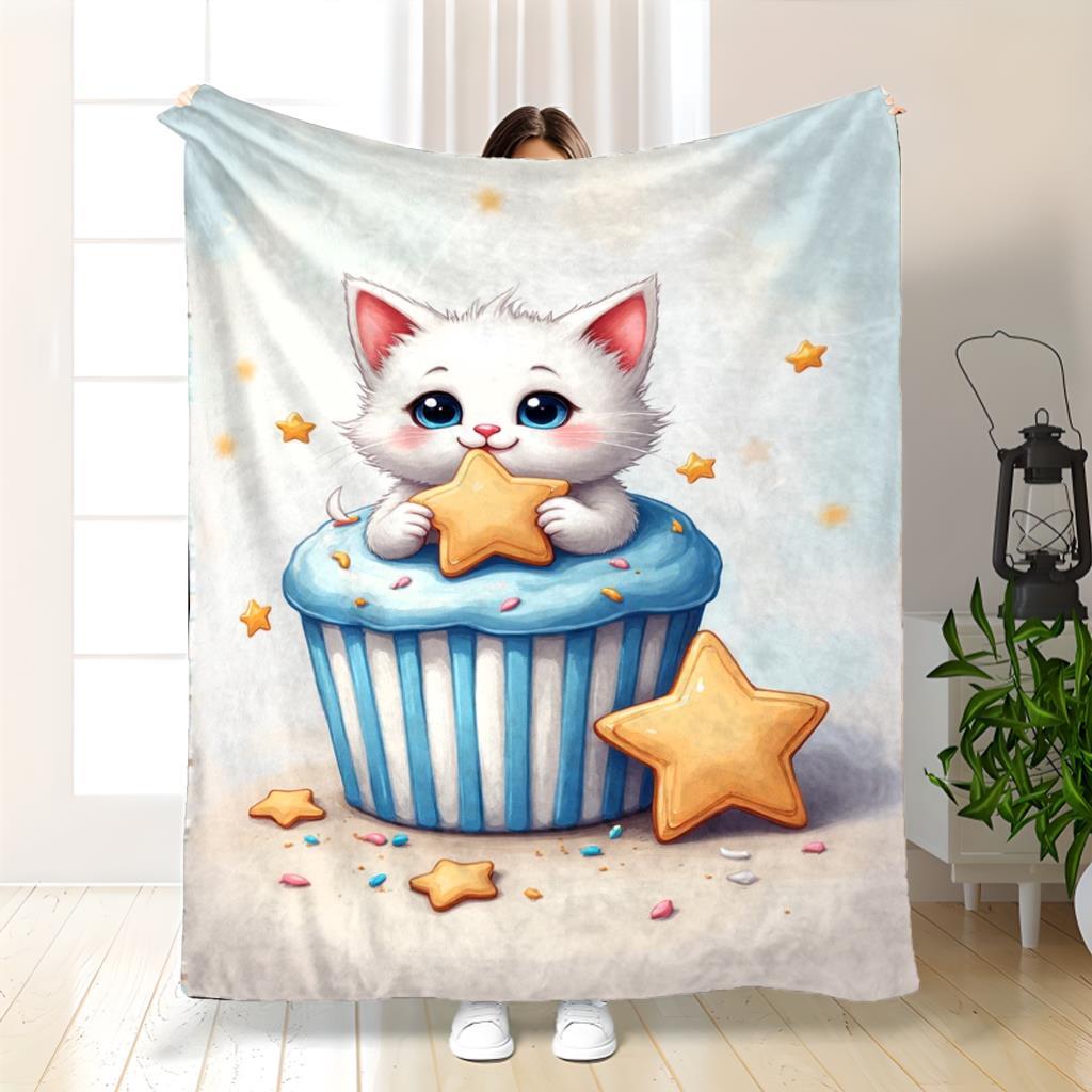 

White Cat and Cookie Theme Blue Flannel printed blanket suitable for all seasons suitable for living room office sofa and travel 75x100cm (30x40inch)