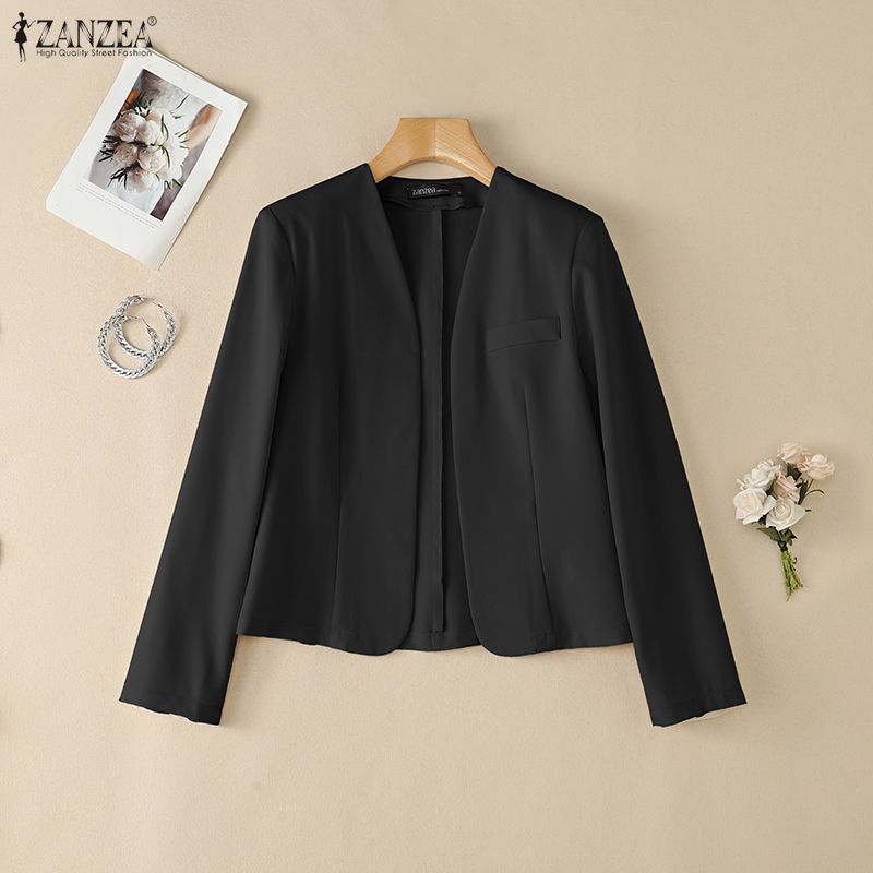 ZANZEA Women Elegant Cropped Blazer Long Sleeve Open Front Thin Short Jacket Office Lady Suit Coat