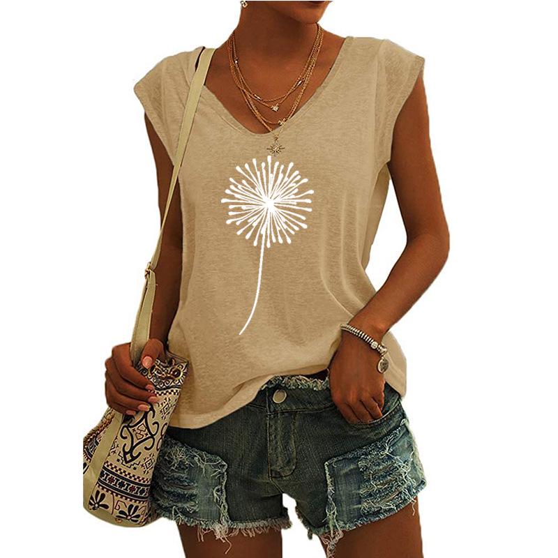 2023 Trendy Women's V-neck Print Cap Sleeve Loose T-shirt Top