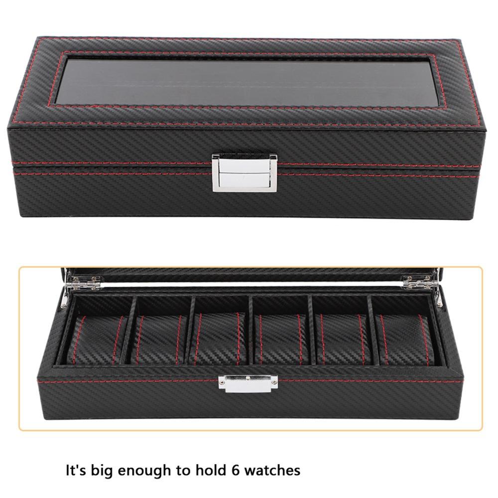 Sturdy Carbon Fiber Watch Box Transparent Window Red Line Watch Storage Luxury 6 Slots Watch Case Jewelry Organize