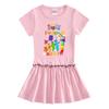 Girls' Summer Cartoon Raglan Color Block Dress with Ruffled Pleated Skirt