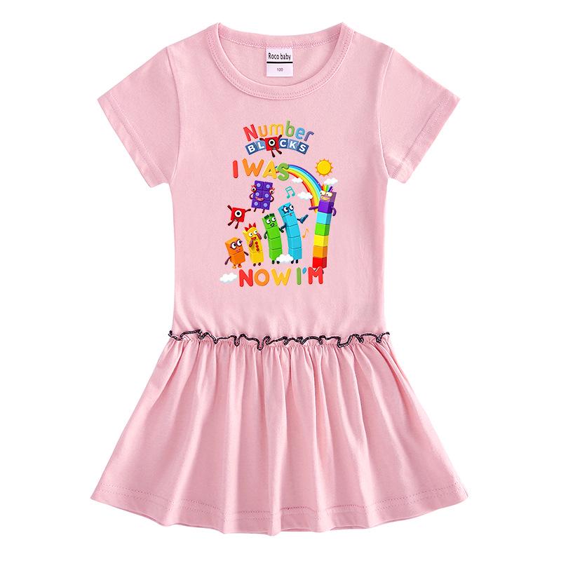 Girls' Summer Cartoon Raglan Color Block Dress with Ruffled Pleated Skirt