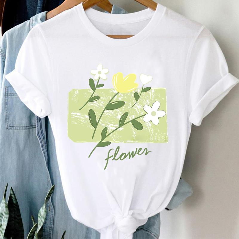 (Asian Size)  flower love heart Short Sleeve T Shirt Women Tee Top Clothing Casual Fashion Print Lady Female Graphic T-shirts