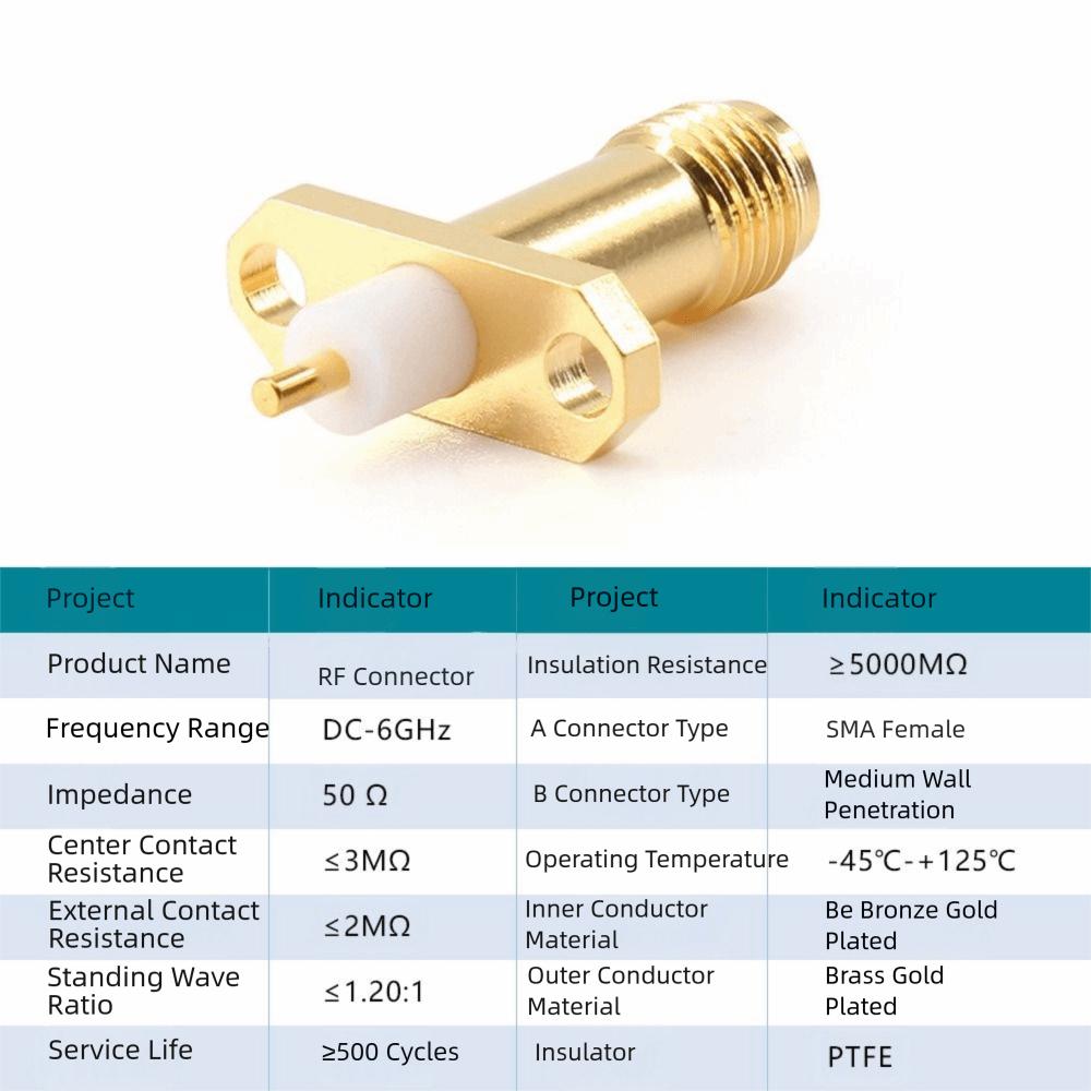 Copper Material SMA Female Connector Four-hole Flange Square Flange RF Coax Connector Gold Plating Solder Terminal