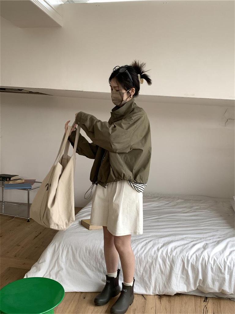 Army Green High-Waist Stand-Collar Windbreaker - New Autumn and Spring Style Jacket