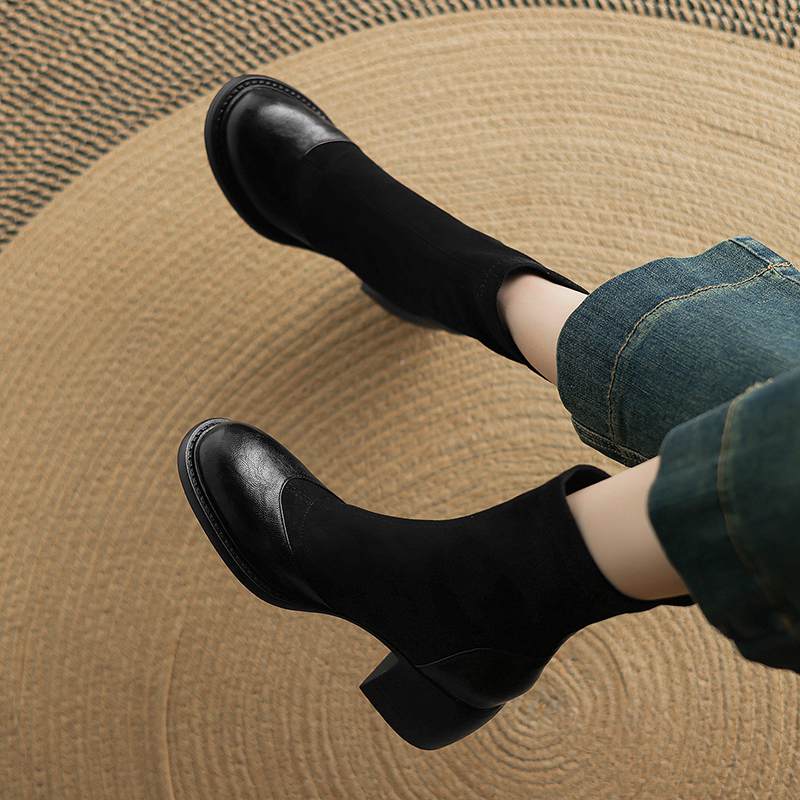 Krazing Po Microfiber Flock Winter Round Toe Size 33 Chelsea Boots Size 43 Zipper Thick High Heels Elastic Ankle Boots