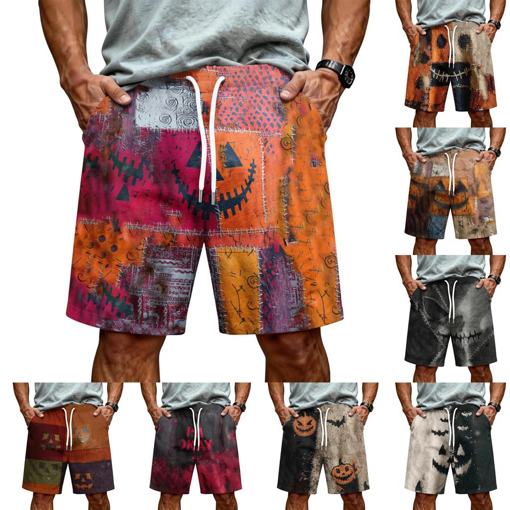 Men Casual Drawstring Waist Shorts Halloween Pumpkin Print Relaxed Fit Lightweight Comfortable Beach Shorts