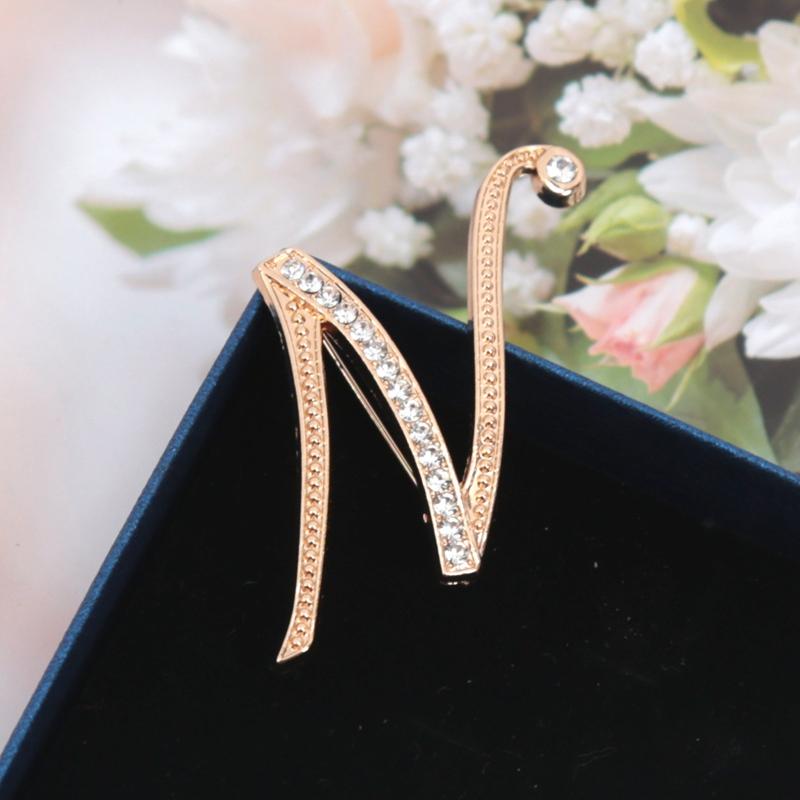 Fashion Women Rhinestone Brooch A-Z English Letter Gold Color Metal Pins Crystal Alphabet Jewelry Shirt Clothes Accessories Gift