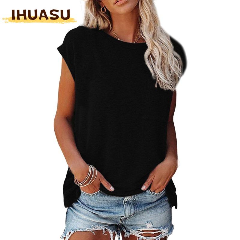 IHUASU Women's Fashion Casual Solid Color Print O-Neck Sleeveless Blouses & Shirts