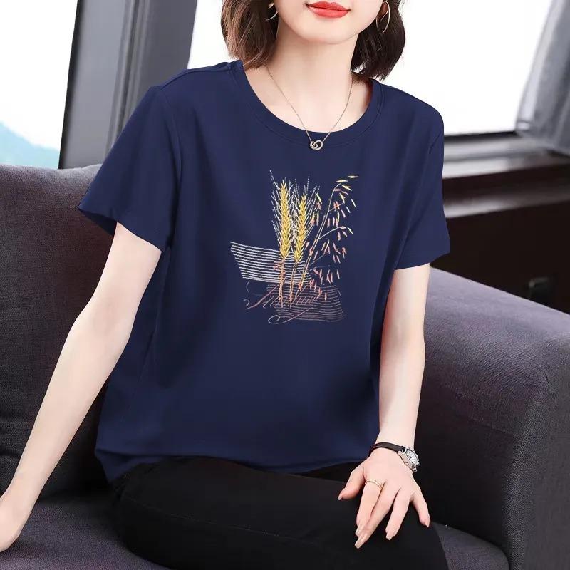 Women's Summer Black Wheat Embroidery Crew Neck Short Sleeve T Shirt
