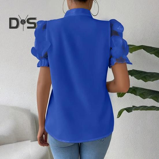 Damen-Shirt mit Schleifenausschnitt, Mesh-Jacquard, kurze Ärmel, Freizeithemd, einfarbige Bluse für den Alltag