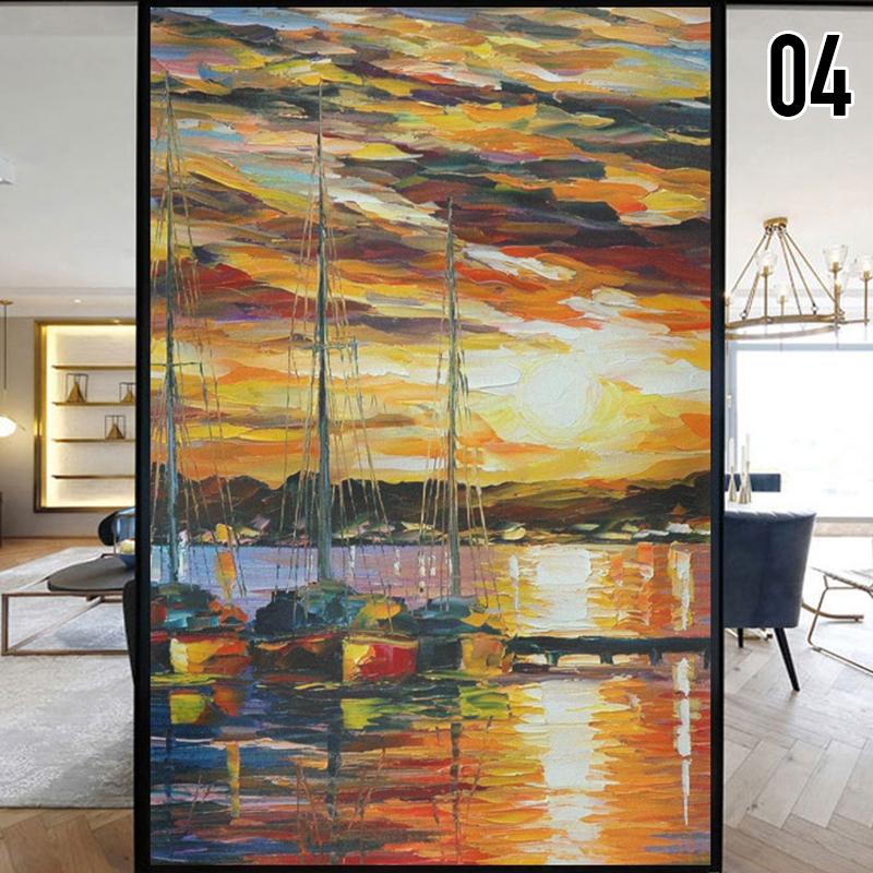 European Style Retro Privacy Windows Film Landscape Oil Painting Colorful Stained Glass Stickers Static Cling Glass Film