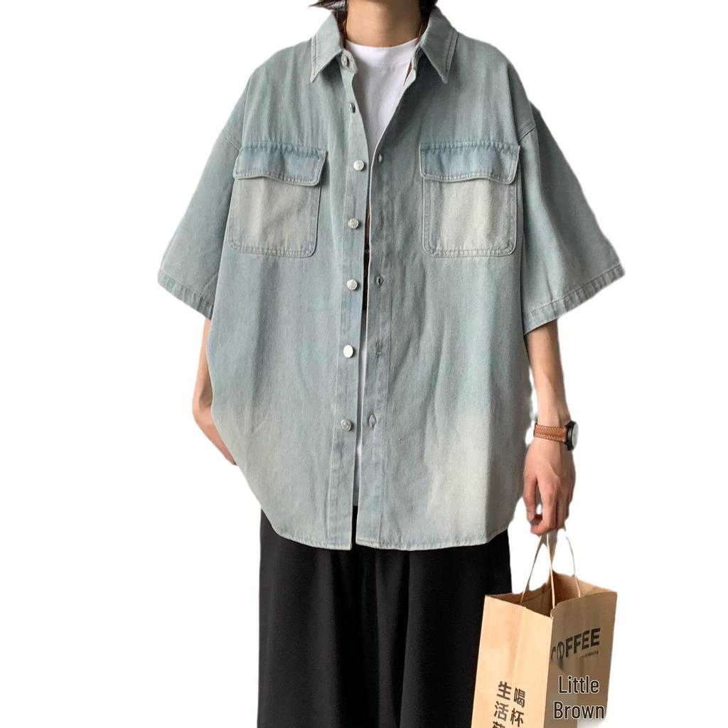 Unisex Japanese Retro Washed Denim Shirt - Short-Sleeved Distressed Summer Jacket