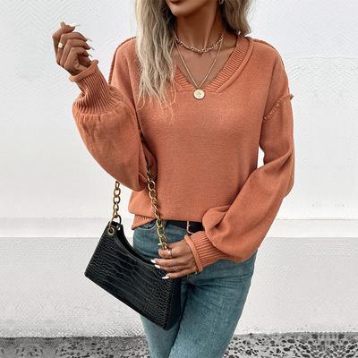 Autumn and Winter Women's Sweater V-neck Fashion Long Sleeve Solid Color Loose Comfortable Casual Sweater