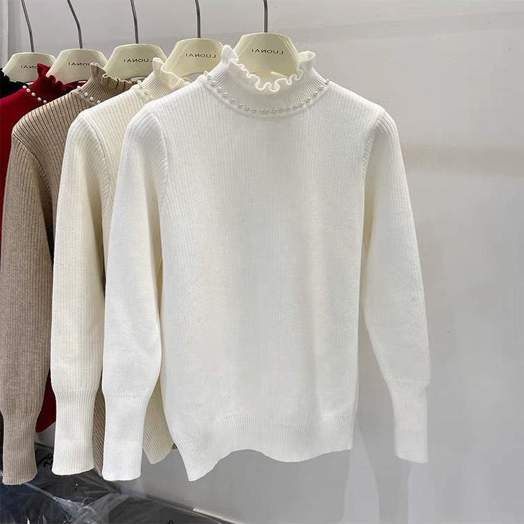 Pulover Tricotat cu Guler de Catifea cu Mărgele pentru Femei Toamnă/Iarnă