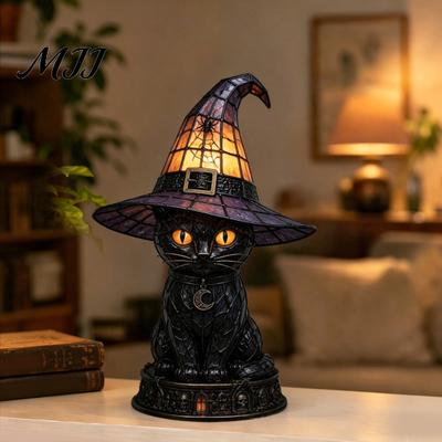 Atmospheric Night Light Halloween Witch Cat Light, Resin Table Lamp with Warm Vintage Style Glow, Gothic Home Decor for Bedroom Shelf, Spooky Gift Hat