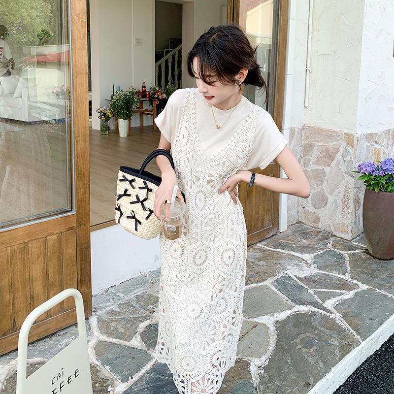 

Женский комплект из юбки и футболки с ажурным жаккардом на подтяжках, лето 2024 г. Extra Large