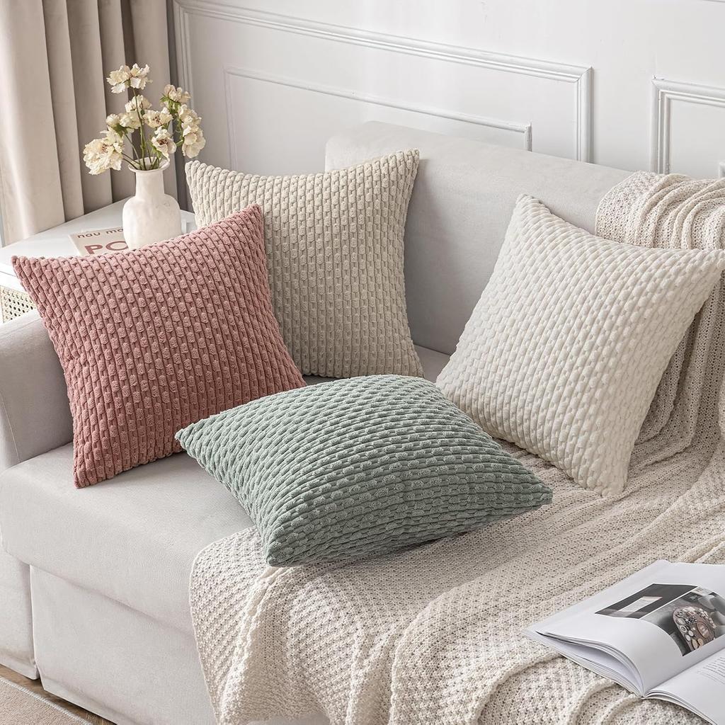 Green Pillow Covers Spring Decorations Boho Striped Corduroy Throw Pillow Cases Soft Plush Farmhouse Couch Cushion Case 45x45CM