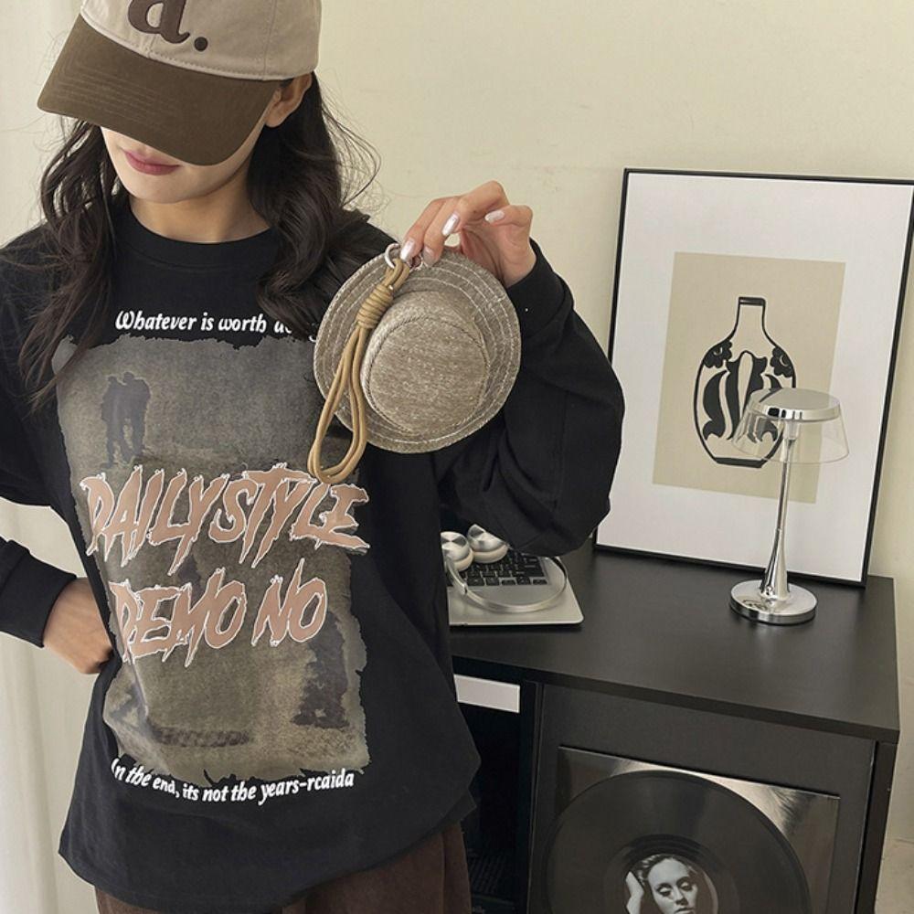 Round Mini Bucket Hat Coin Purse Cute Canvas Earphone Bag Creative Hat Shape Keychain Girl