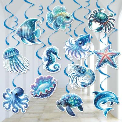 12pcs Festival Hawaiian Spiral Hanging Tag Waterproof Ocean Theme Pendant  Birthday Party Decor