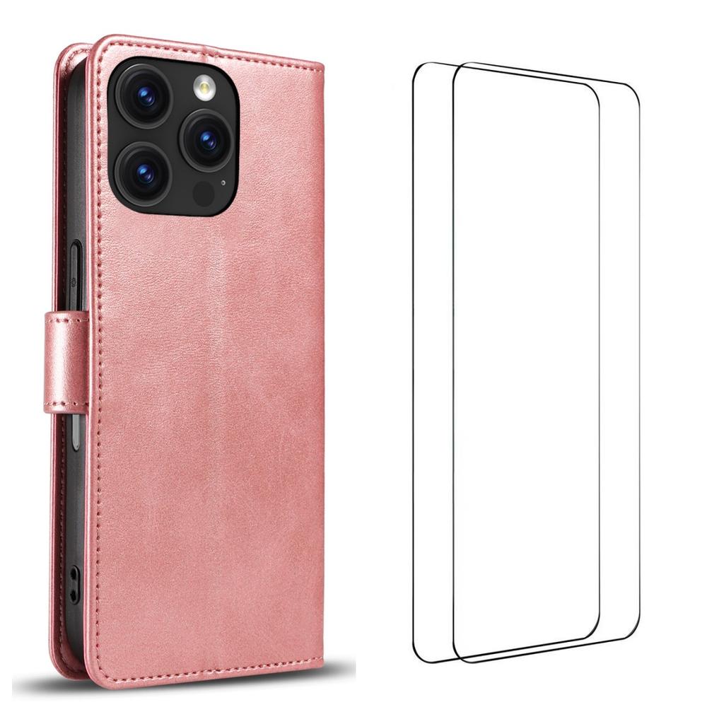 For iPhone 16 Pro Case with 2Pcs Tempered Glass WANLONFENG WN Series Calf Texture Leather Phone Cover Big Cutouts