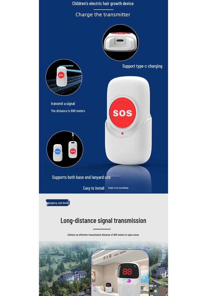 Pulsante di chiamata d'emergenza wireless impermeabile per anziani con lunga portata, ricaricabile, con funzioni lampeggianti e di vibrazione