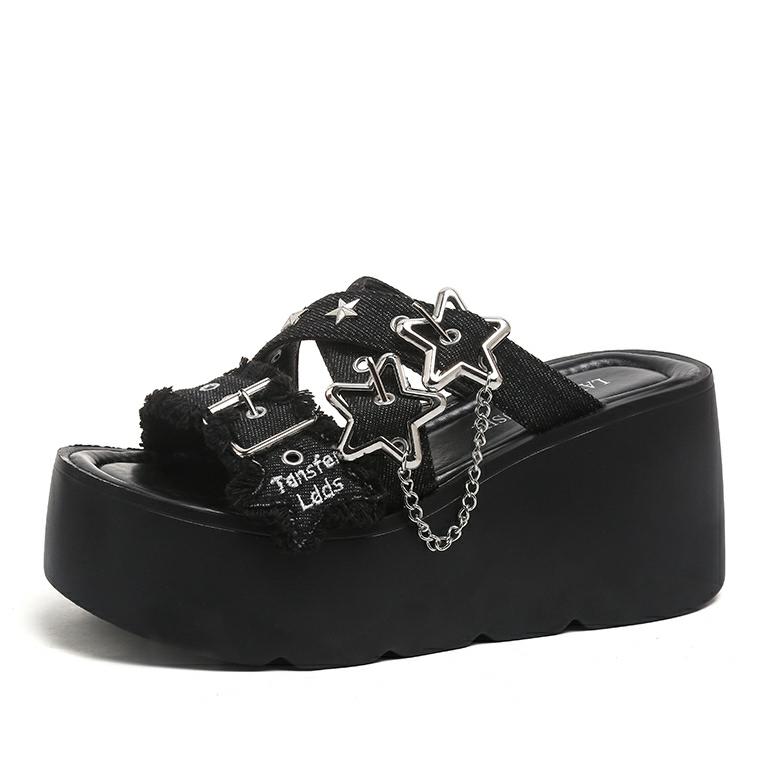 

Fashion 9CM Punk Gothic Platform Canvas Shoes Open Toe Buckle Strappy Summer Sexy Rivets Thick Heels Footwear Gladiator Sandals Women 35