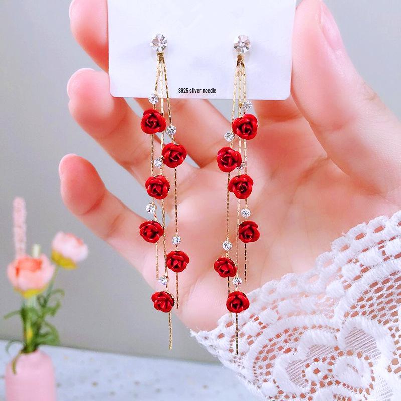 Korean Style Red Rose Tassel Earrings - Super Fairy Face Slimming Dangle with S925 Sterling Silver Studs.