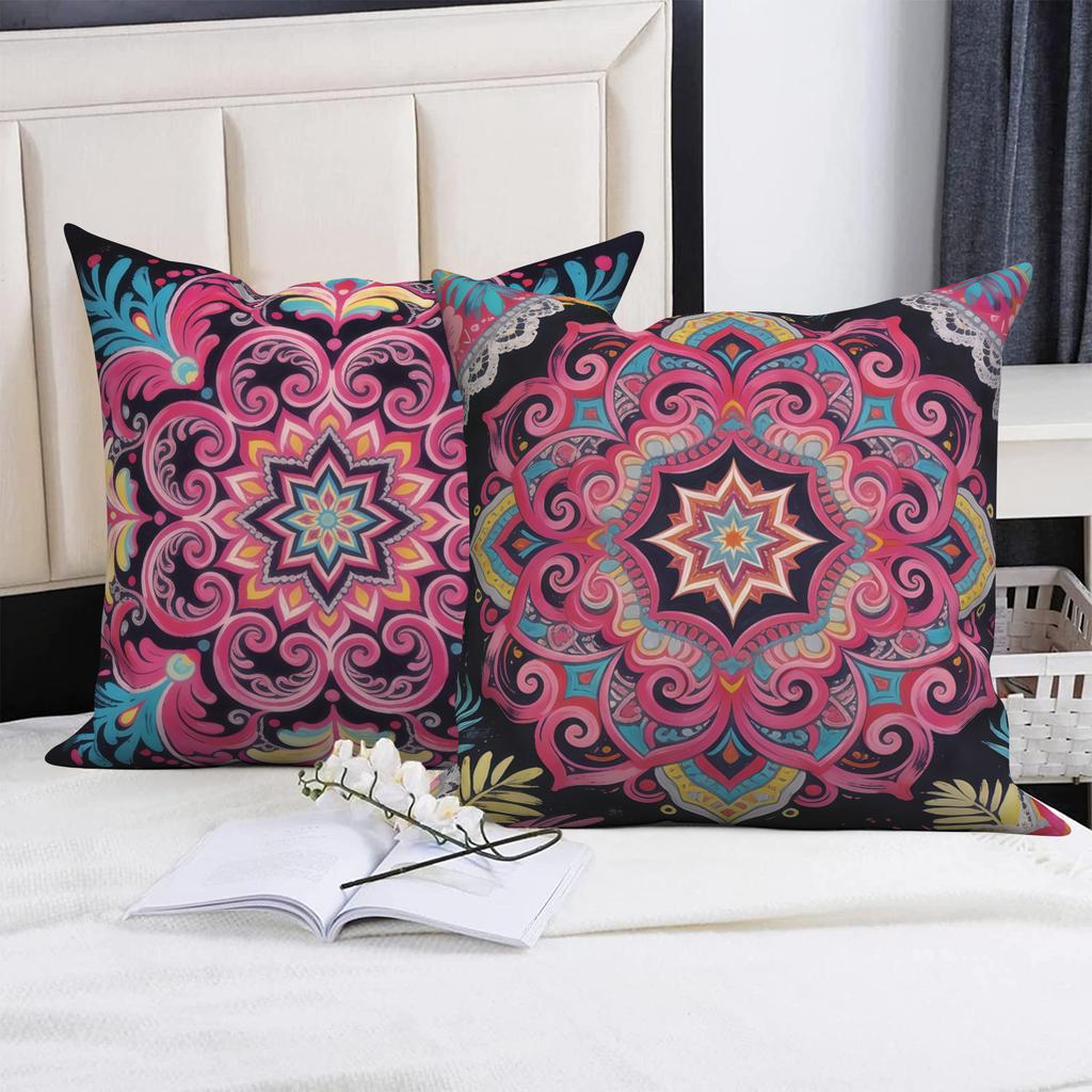 4Pcs/Set Boho Pink Mandala Throw Pillow Covers, Colorful Bohemian Floral Cushion Cases, Polyester/Linen, Ethnic Home Decoration