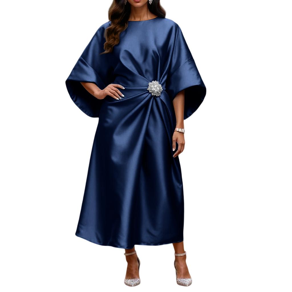 Elegant And Sophisticated Satin Dress With Beaded Floral Embellishments For Women's Commuting.