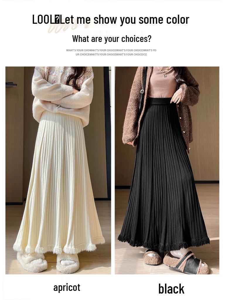 Autumn/Winter 2025 Women's High Waist Knit Pleated A-line Skirt with Tassels