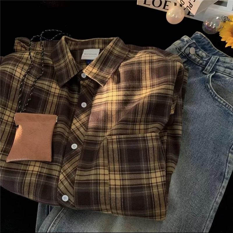 Camisa de Franela a Cuadros Vintage para Hombre de Manga Larga Oversize con Botones Top Casual Ligero para el Uso Diario