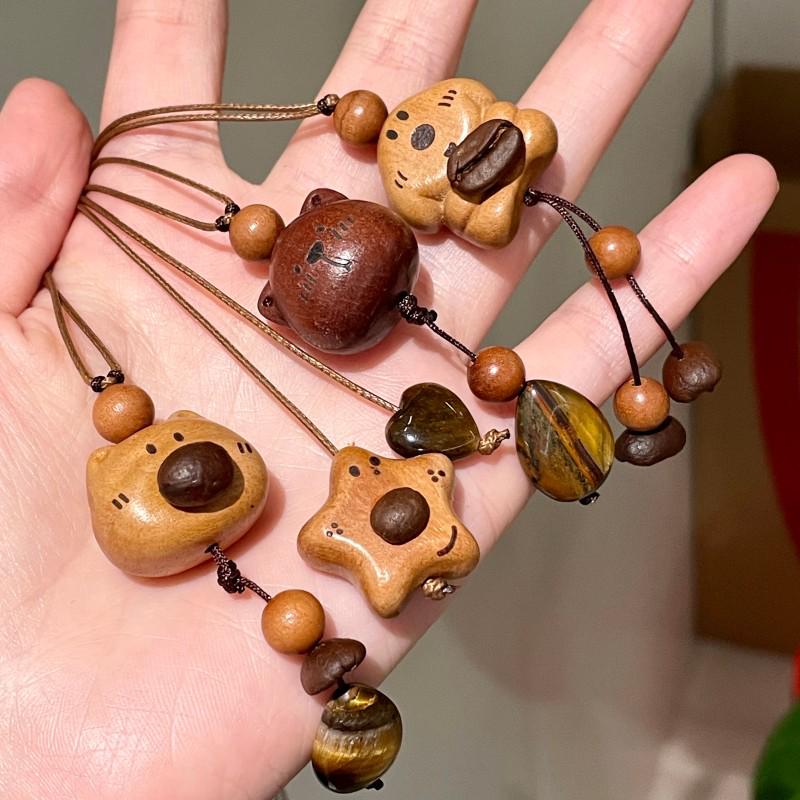 Tiger Eye Wooden Little Bear Dog Necklace: Women's Cute Beaded Sweater Chain for Autumn/Winter.