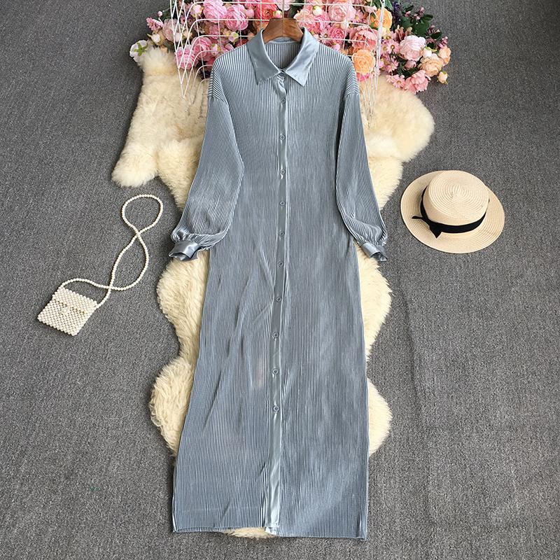 

Летнее сплошное свободное плиссированное платье с лацканами One Size