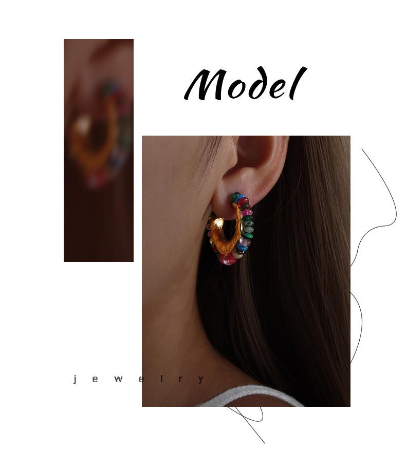 Gold-Plated C-Shaped Earrings with Multi-Color Natural Stone Inlay