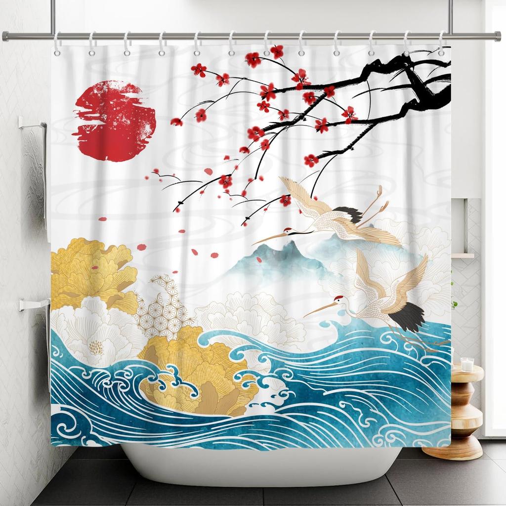 Japan Mount Fuji Körsbärsblom Solnedgång Duschdraperi Bläck Landskap Vågmålning Duschdraperi Badrum Tyg Dekoration