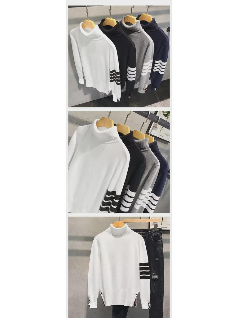 Couples' Slim Fit Knitted Turtleneck Pullover with Four Stripes and Long Sleeves