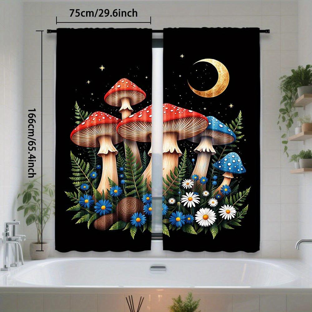 2pcs Black Night Mushroom Pattern Curtains - Polyester   Light Filtering   Rod Pocket Design for Bedroom   Living Room   Office - Wh